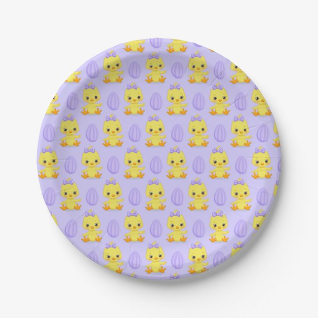 Cute Yellow Purple Chicken Easter Pattern Paper Plate (Front)