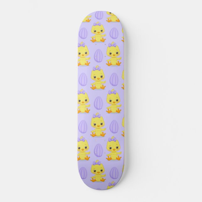 Cute Yellow Purple Chicken Easter Pattern Skateboard (Front)