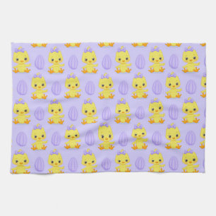 Cute Yellow Purple Chicken Easter Pattern Tea Towel