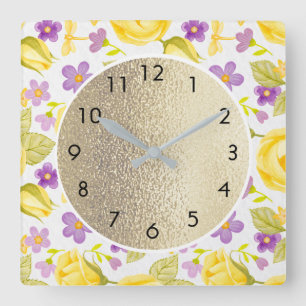 Cute Yellow Purple Flowers on White and Gold Square Wall Clock