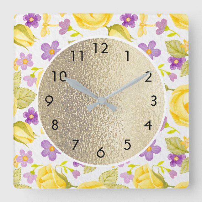 Cute Yellow Purple Flowers on White and Gold Square Wall Clock (Front)