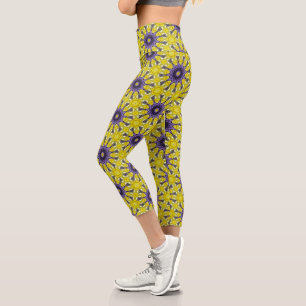 Cute Yellow Purple Kaleidoscope Geometric Pattern Capri Leggings