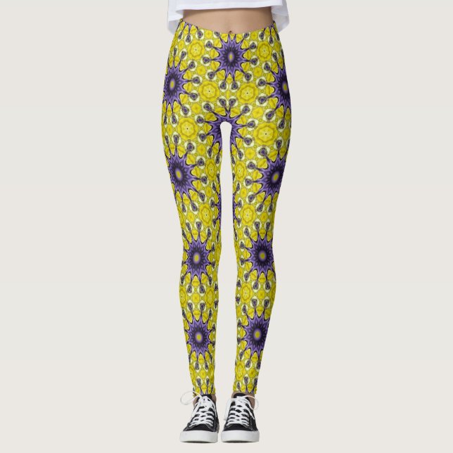 Cute Yellow Purple Kaleidoscope Geometric Pattern Leggings (Front)