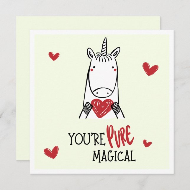 Cute Yellow Red Hearts Unicorn Kids Valentines Day Card (Front/Back)