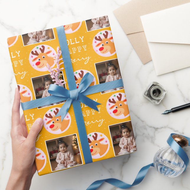 Cute Yellow Reindeer Family Photo Christmas  Wrapping Paper (Gifting)