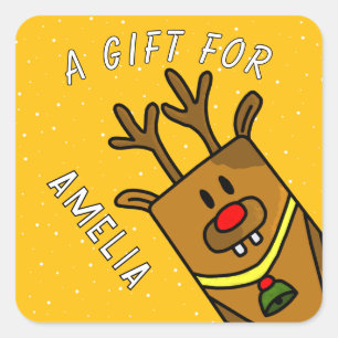 Cute Yellow Reindeer Kid`s Name Christmas Gift Square Sticker
