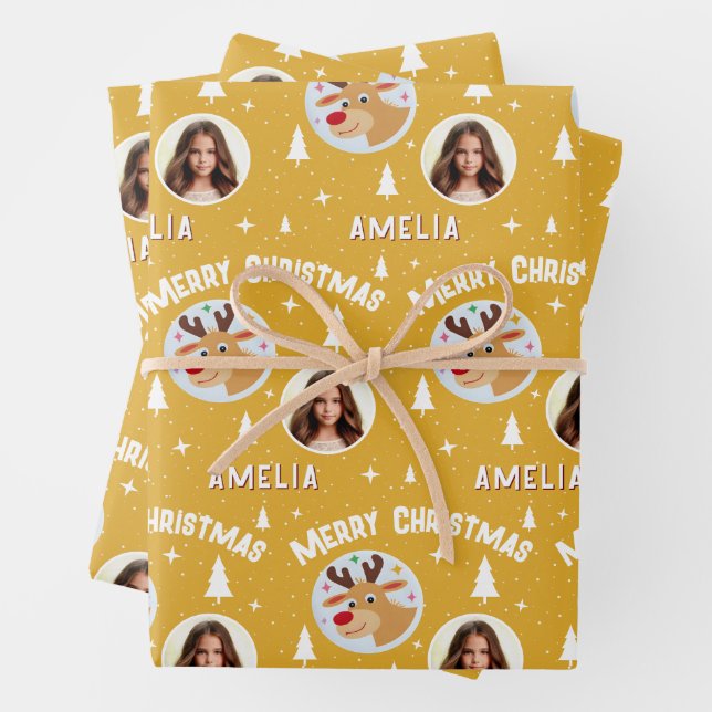 Cute Yellow Reindeer Kid`s Name Photo Christmas Wrapping Paper Sheet (In situ)