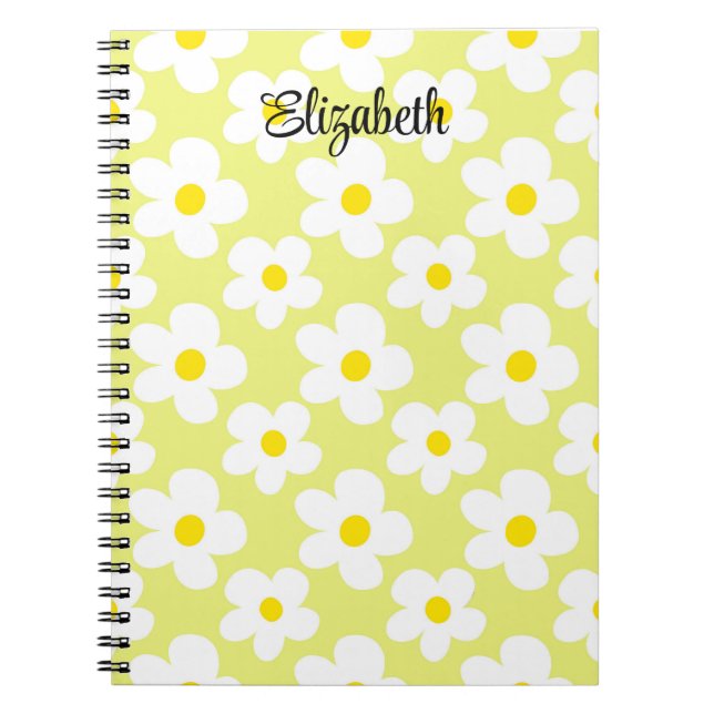 Cute yellow retro daisies girly journalling notebook (Front)