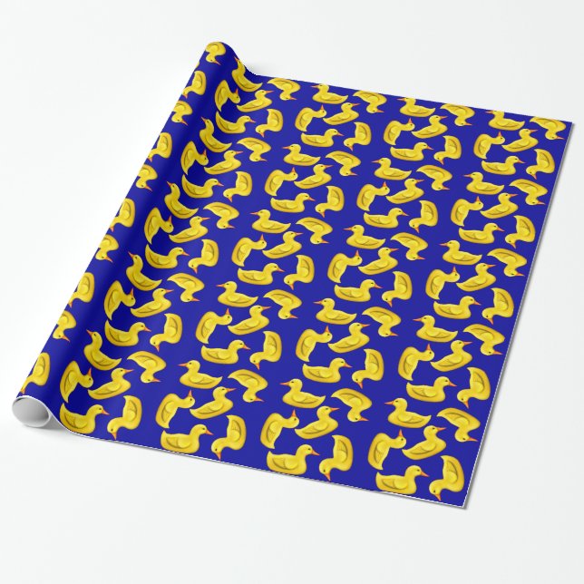 Cute Yellow Rubber Duck on Blue Wrapping Paper (Unrolled)
