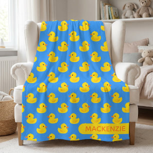 Cute Yellow Rubber Duck Pattern Personalised Name Fleece Blanket