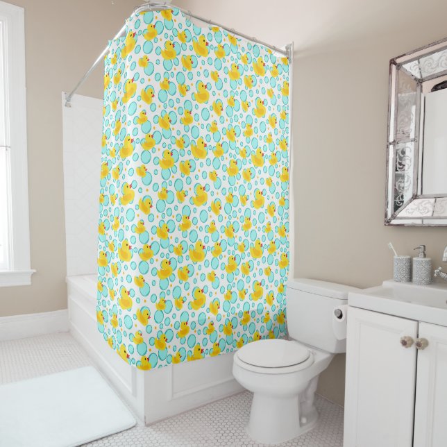 Cute Yellow Rubber Ducky and Bubbles Pattern Shower Curtain (In Situ)