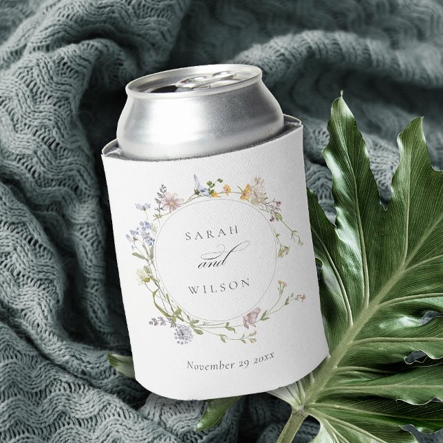 Cute Yellow Rustic Meadow Floral Wreath Wedding Can Cooler (Creator Uploaded)