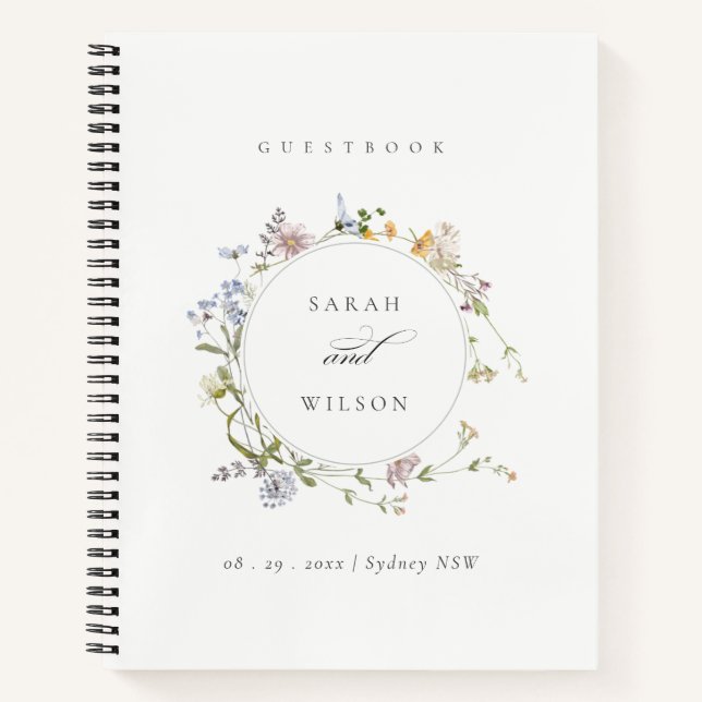 Cute Yellow Rustic Meadow Floral Wreath Wedding Notebook (Front)