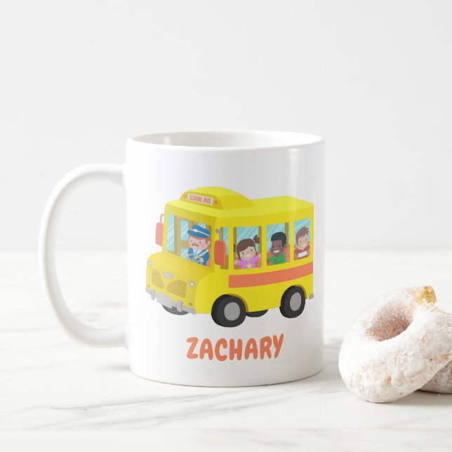 Cute Yellow School Bus And Happy Kids Mug (With Donut)