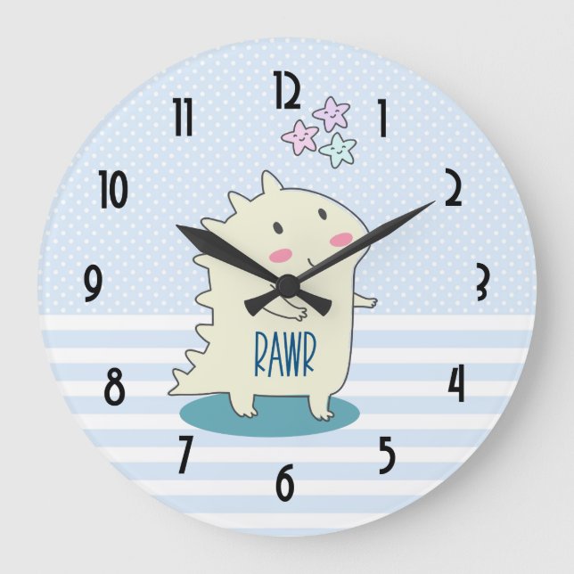 Cute Yellow Smiling Dinosaur Illustration Large Clock (Front)