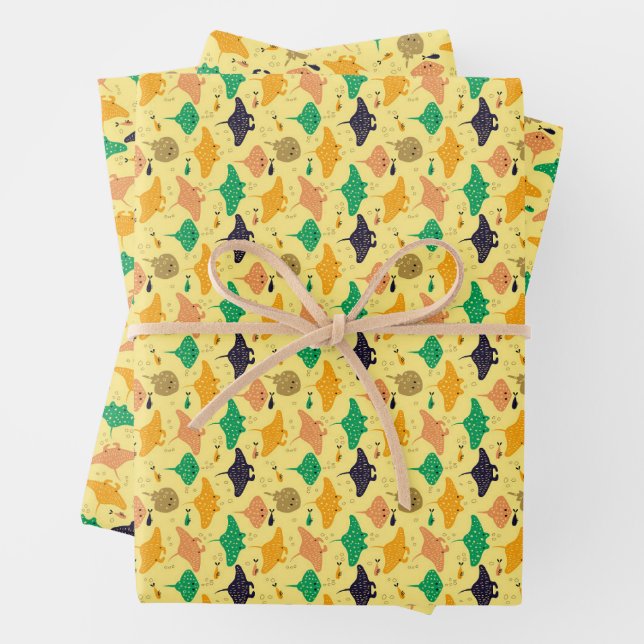Cute yellow sting ray and manta ray fish pattern wrapping paper sheet (In situ)