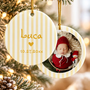 Cute Yellow Stripe Baby Photo First Christmas Ceramic Tree Decoration