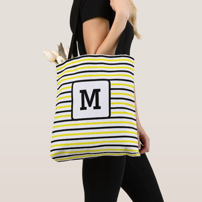 Cute Yellow Stripes Custom Single Initial Black Tote Bag (Close Up)