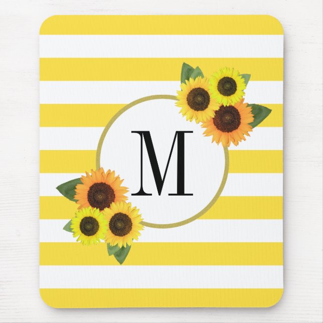 Cute Yellow Stripes Sunflowers Floral Monogram Mouse Mat (Front)