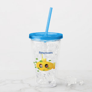 Cute yellow submarine fish cartoon illustration acrylic tumbler
