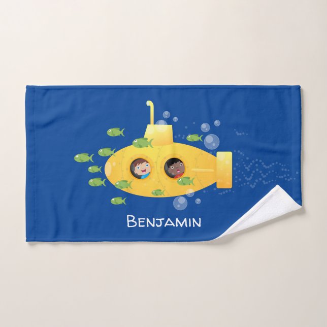 Cute yellow submarine fish cartoon illustration bath towel set (Hand Towel)