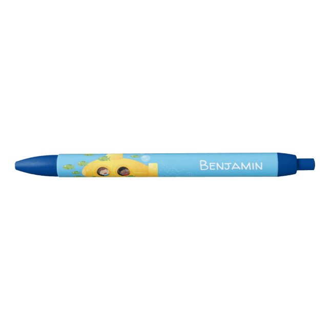 Cute yellow submarine fish cartoon illustration black ink pen (Front)