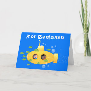 Cute yellow submarine fish cartoon illustration card