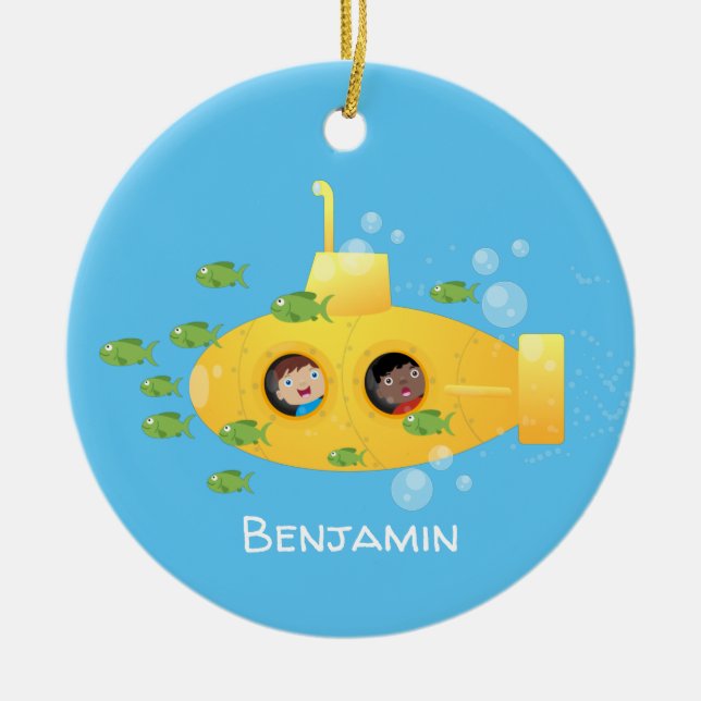 Cute yellow submarine fish cartoon illustration ceramic tree decoration (Front)