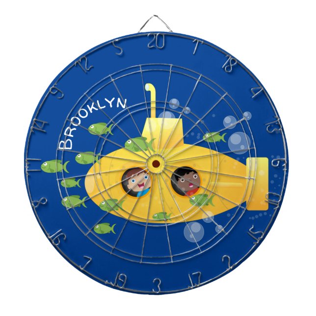 Cute yellow submarine fish cartoon illustration dartboard (Front)