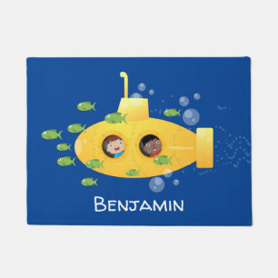 Cute yellow submarine fish cartoon illustration doormat