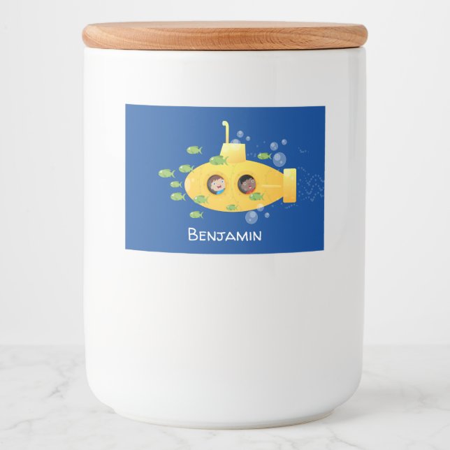 Cute yellow submarine fish cartoon illustration food label (Front)