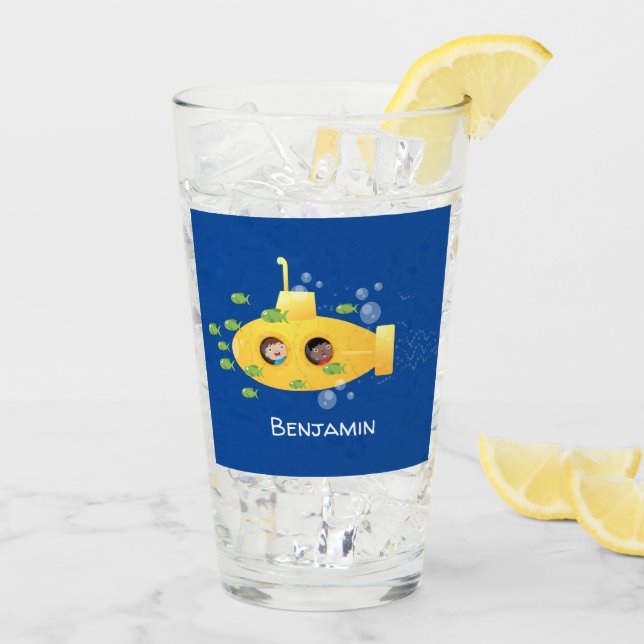 Cute yellow submarine fish cartoon illustration glass (Back Ice)