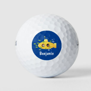 Cute yellow submarine fish cartoon illustration golf balls