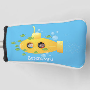Cute yellow submarine fish cartoon illustration golf head cover