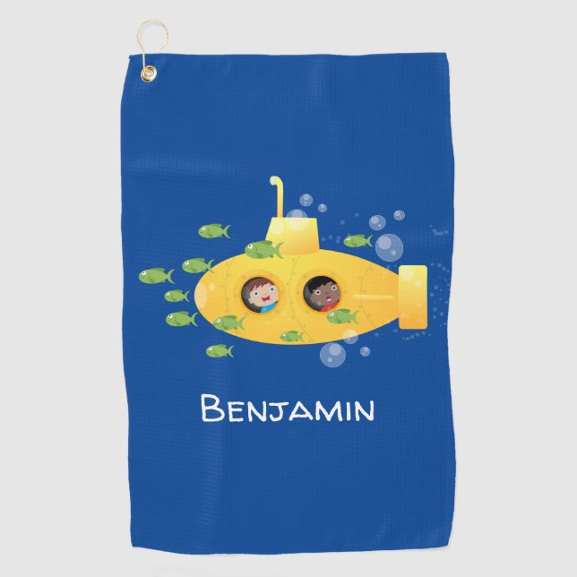 Cute yellow submarine fish cartoon illustration  golf towel (Front)
