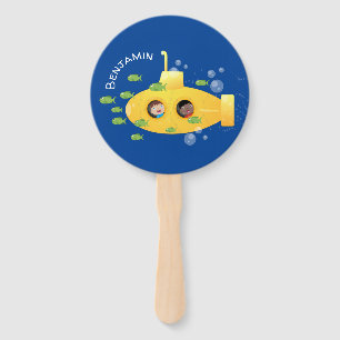 Cute yellow submarine fish cartoon illustration hand fan