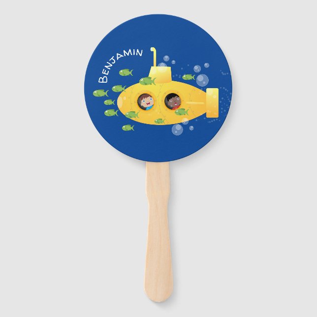 Cute yellow submarine fish cartoon illustration hand fan (Front)