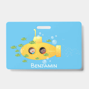 Cute yellow submarine fish cartoon illustration ID badge