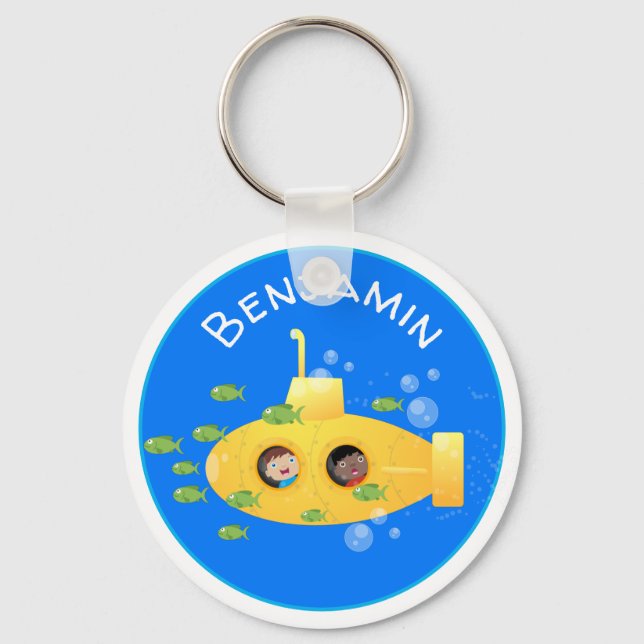 Cute yellow submarine fish cartoon illustration key ring (Front)