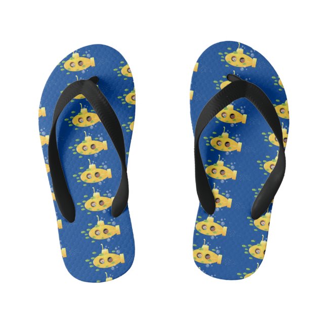 Cute yellow submarine fish cartoon illustration kid's flip flops (Footbed)