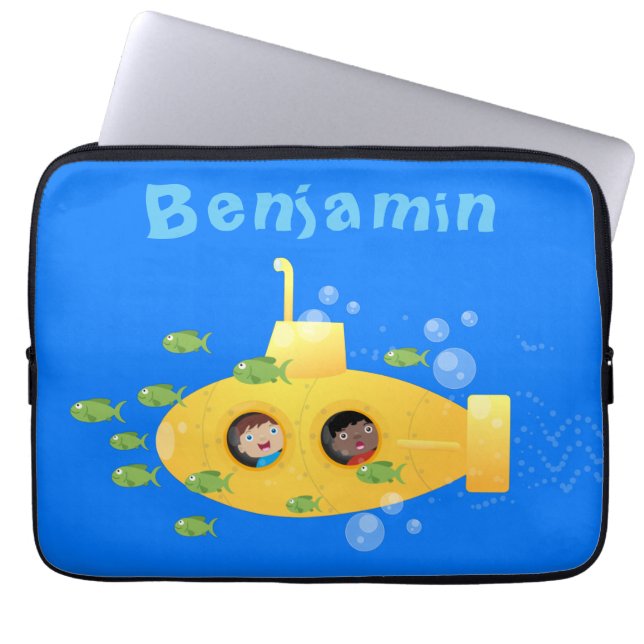 Cute yellow submarine fish cartoon illustration laptop sleeve (Front)