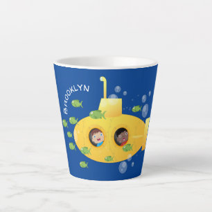 Cute yellow submarine fish cartoon illustration latte mug