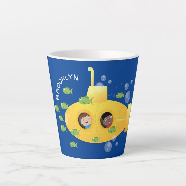 Cute yellow submarine fish cartoon illustration latte mug (Front)