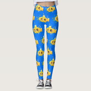 Cute yellow submarine fish cartoon illustration leggings