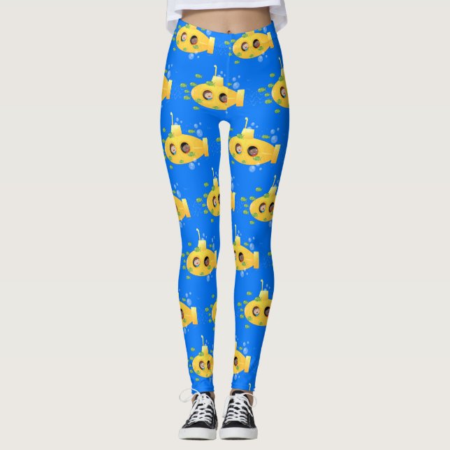 Cute yellow submarine fish cartoon illustration leggings (Front)