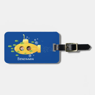 Cute yellow submarine fish cartoon illustration luggage tag