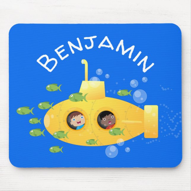 Cute yellow submarine fish cartoon illustration mouse mat (Front)