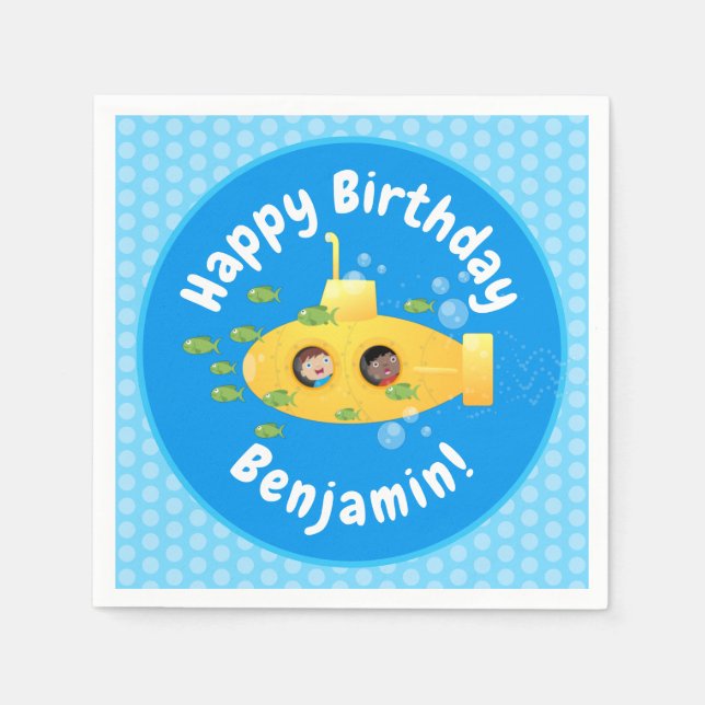 Cute yellow submarine fish cartoon illustration napkin (Front)