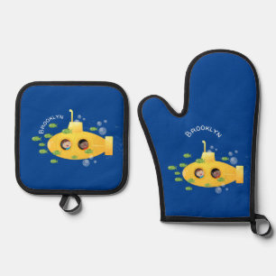 Cute yellow submarine fish cartoon illustration oven mitt & pot holder set