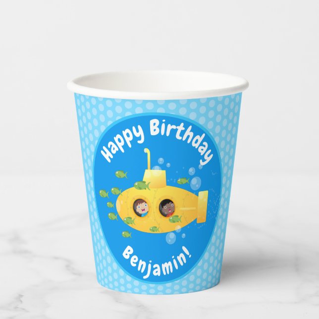 Cute yellow submarine fish cartoon illustration paper cups (Front)